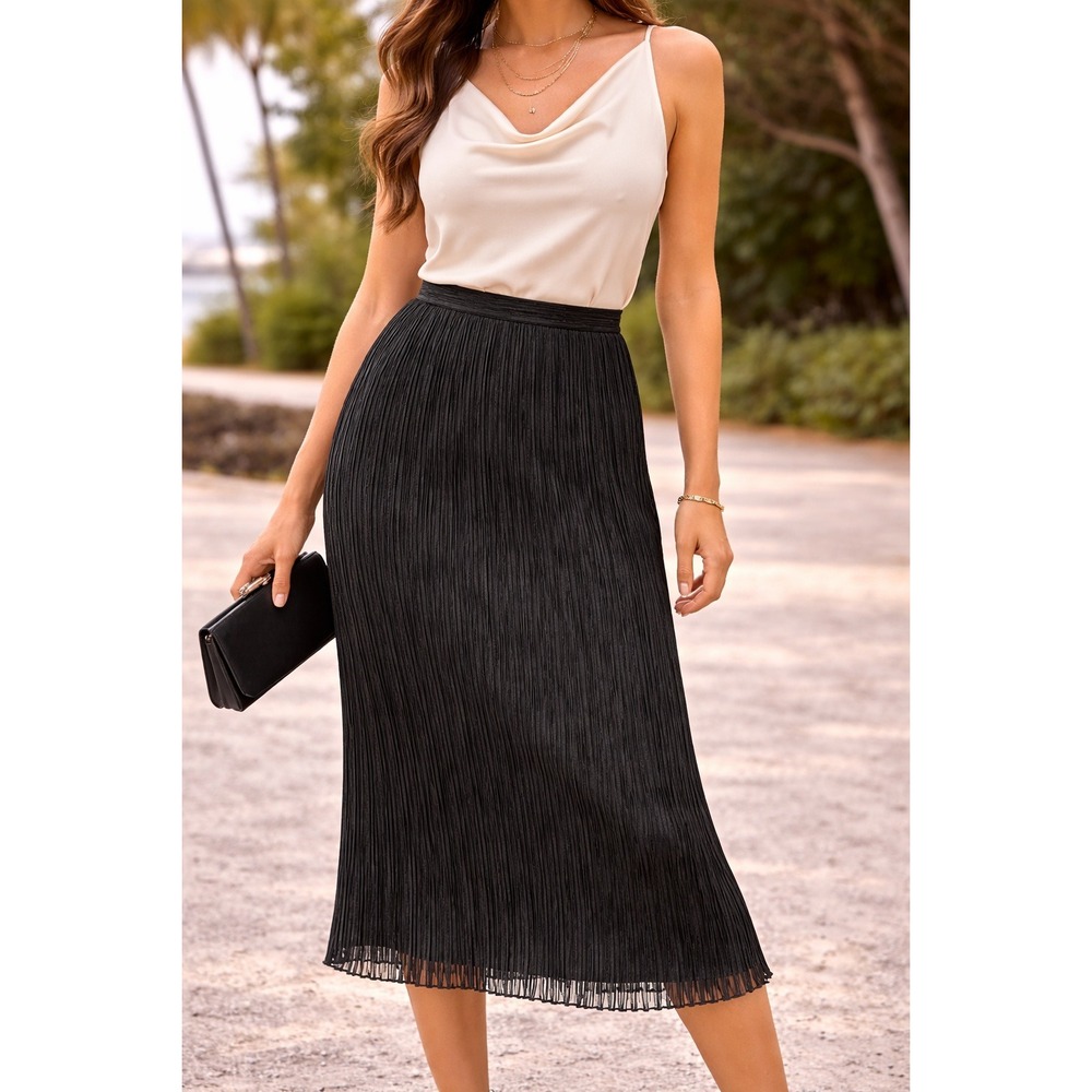 Mary McFadden Couture Black Fortuny Pleated Midi Skirt Mushroom‎ Pleat Vintage 8